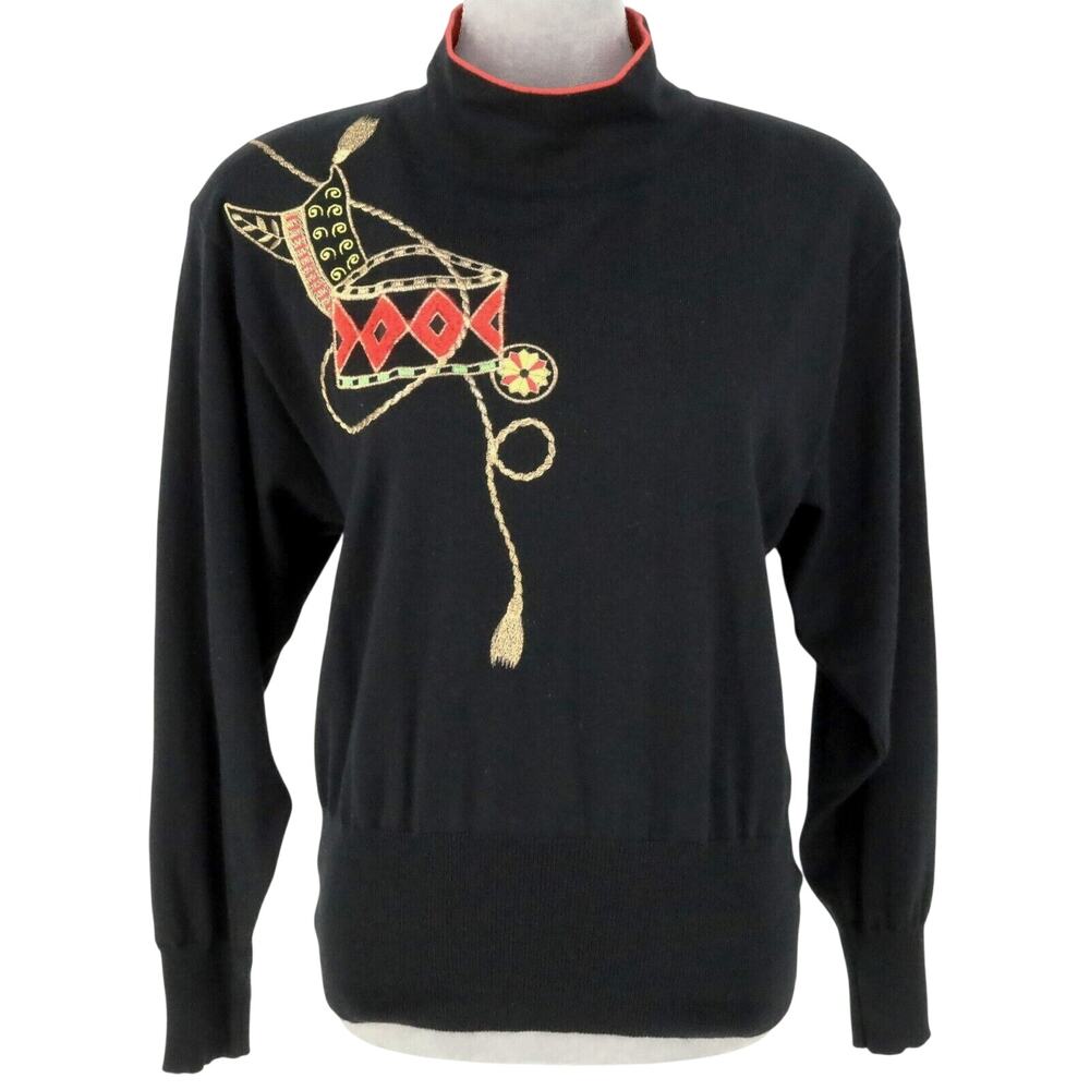 Laurel Escada Sweater Womens 8 US 36 EU Black Wool Embroidered Shoulder Pads Vtg